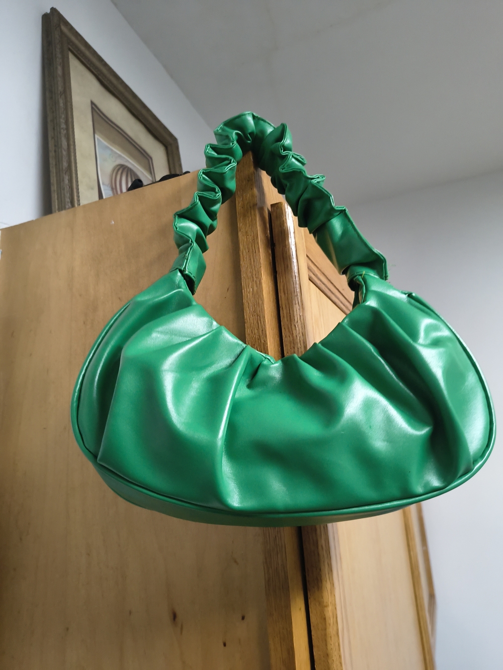 Green Croissant Bag Ruched Faux Leather Shoulder Hobo Purse